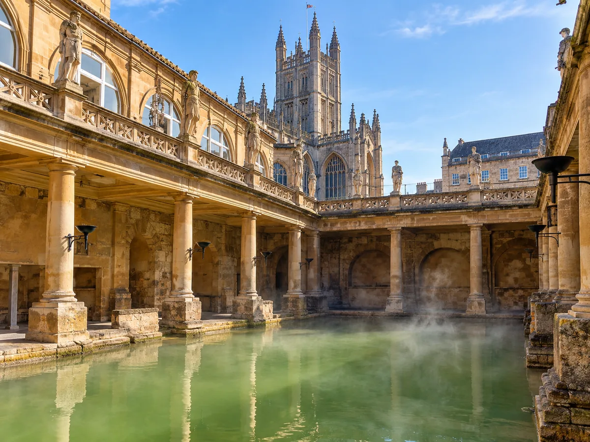 The green water of the Great Bath with columns and Bath Abbey's tower behind