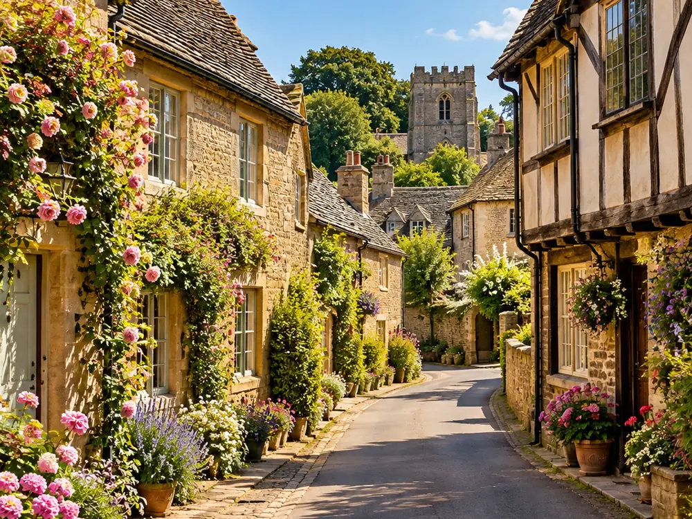 Une ruelle ensoleillée de maisons en pierre et à colombages fleuries dans le village de Lacock