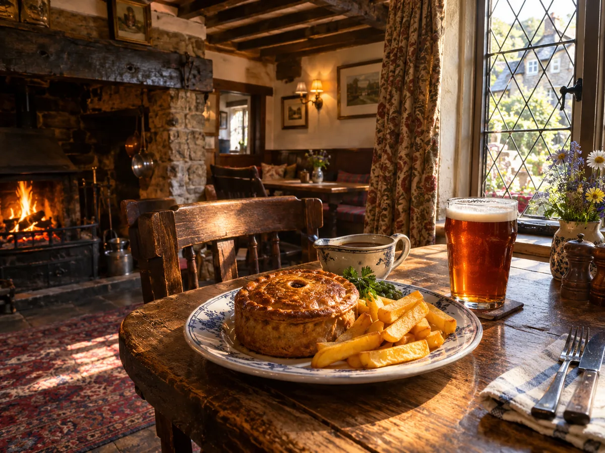 Une table près d'une fenêtre à petits carreaux dans une vieille auberge à poutres, avec une tourte et une pinte de bière